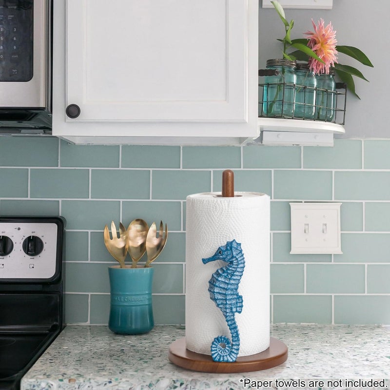 YLOVAN Seahorse Paper Towel Holder - Beach House Decor Unique Coastal Decor Seahorse Gifts for Women, Funny Cute Paper Towel Holder Stand Wood Kitchen Countertop Bathroom Decor Blue Coastal Kitchen - Image 2